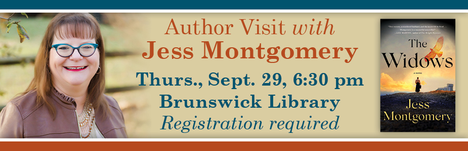 author visit with Jess Montgomery on September 29 at 6:30 pm in Brunswick Library